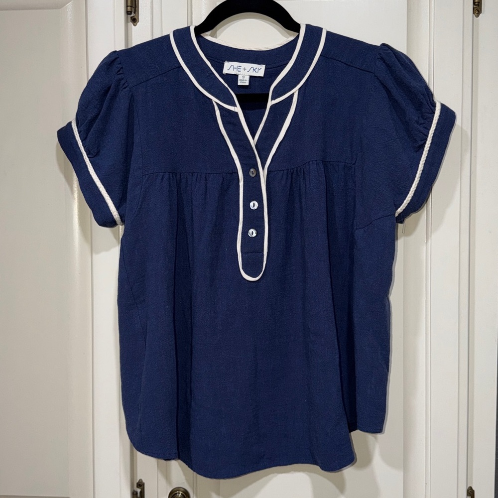 She + Sky Blue Blouse with White Trim/Piping Never Worn